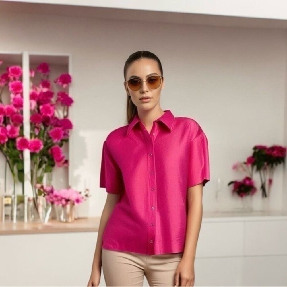 Kathy Ireland Womens Magenta Pink Silk Blouse XL Short Sleeve Button Front VG